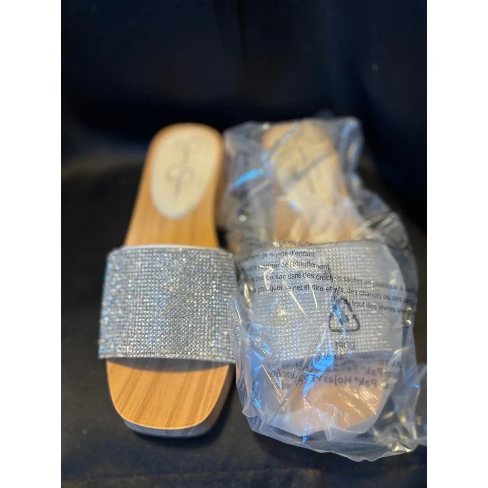 Jessica Simpson Rexile Silver Rhinestone Platform Slide Sandals Clogs 6M NEW
